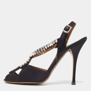 Pre Owned Roberto Cavalli Black Satin Crystal Embellished Slingback Sandals Size 38.5