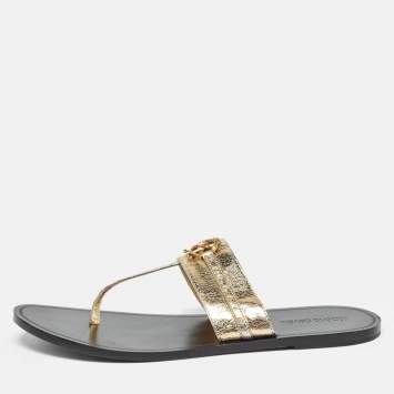 Pre Owned Roberto Cavalli Gold Crackled Leather Flat Slides Size 40