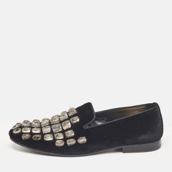 Pre Owned Roberto Cavalli Black Velvet Embellished Slip On Loafers Size 40