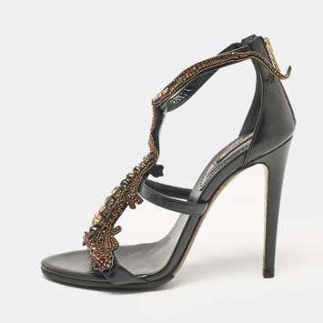 Pre Owned Roberto Cavalli Black Leather Lizard Embellished Sandals Size 38