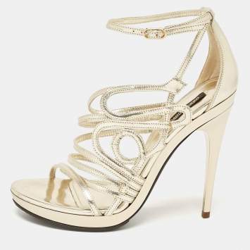 Pre Owned Roberto Cavalli Gold Leather Ankle Strap Sandals Size 37.5