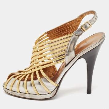 Pre Owned Roberto Cavalli Silver/Gold Leather Strappy Slingback Sandals Size 37.5