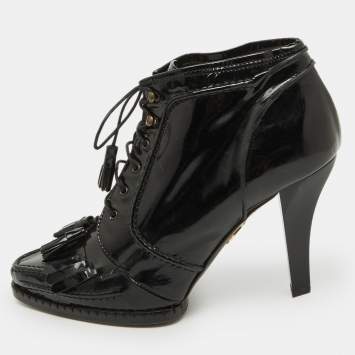 Pre Owned Roberto Cavalli Black Patent Leather Fringe Ankle Length Boots Size 39