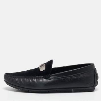Pre Owned Roberto Cavalli Black Leather and Velvet Slip On Loafers Size 41.5