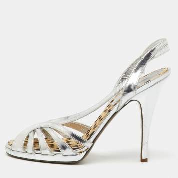 Roberto Cavalli Silver Metallic Leather Strappy Slingback Sandals Size 40