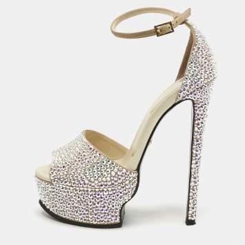 Pre Owned Roberto Cavalli Beige Suede Crystals Embellished Platform Sandals Size 36