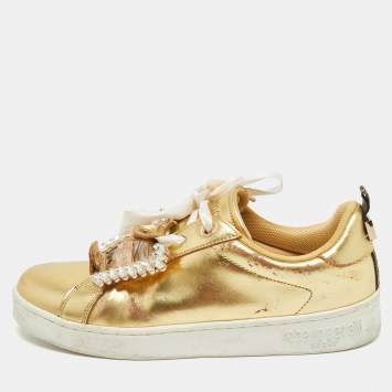Pre Owned Roberto Cavalli Gold Leather Crystal Embellished Low Top Sneakers Size 39