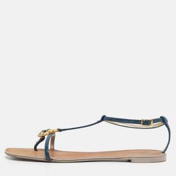 Pre Owned Roberto Cavalli Blue Patent Leather Embellished Thong Flat Sandals Size 39
