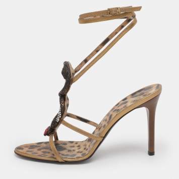 Pre Owned Roberto Cavalli Gold Leather Heart Snake Ankle Strap Sandals Size 38