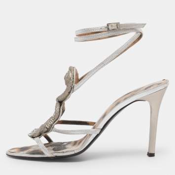 Pre Owned Roberto Cavalli Silver Leather Heart Snake Ankle Strap Sandals Size 38