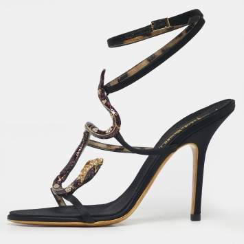 Pre Owned Roberto Cavalli Black Satin Heart Snake Ankle Strap Sandals Size 40
