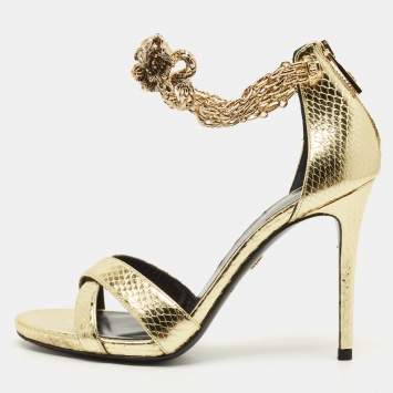 Pre Owned Roberto Cavalli Snakechain Size 37 Gold Snakeskin Ankle Strap Sandals