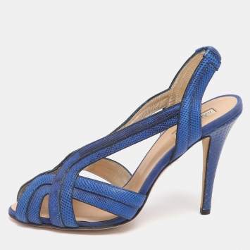 Pre Owned Roberto Cavalli Size 38 Blue Karung Leather Slingback Sandals