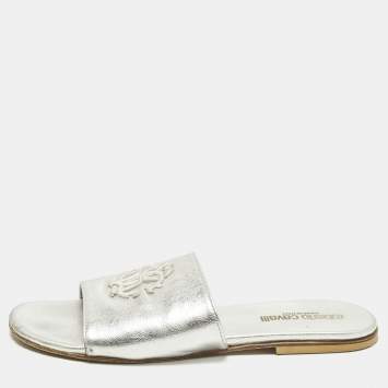 Pre Owned Roberto Cavalli Size 36 Silver Leather Logo Embroidered Flat Slide