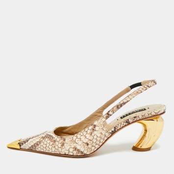 Pre Owned Roberto Cavalli Size 38 Two Tone Python Embossed Leather Pointed Toe Slingback Pumps