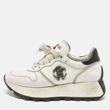 مملوكة مسبقًا حذاء رياضي روبرتو كافالي جلد أسود بسير أربطة مقاس 37