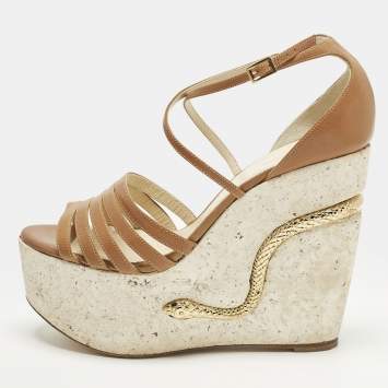 Pre Owned Roberto Cavalli Size 40 Brown Leather Wedge Sandals