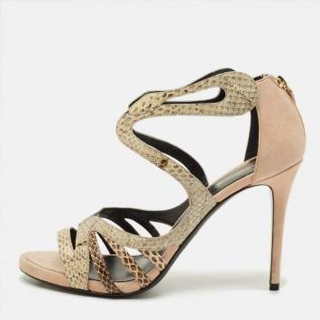 Pre Owned Roberto Cavalli Size 40 Beige/Brown Python Leather and Suede Ankle Strap Sandals