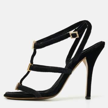 مملوكة مسبقًا Roberto Cavalli Size 38 Black Velvet Crystal Embellished Strappy Ankle Strap Sandals  