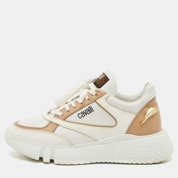 Pre Owned حذاء رياضي روبرتو كافالي جلد أبيض/بني سير أربطة مقاس 40