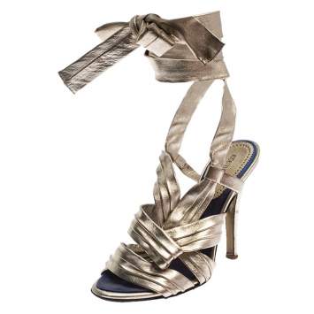 Pre Owned Roberto Cavalli Metallic Gold Leather Ankle Wrap Strappy Sandals Size 35.5