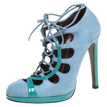 Roberto Cavalli Blue Nubuck And Patent Lace Up Platform Pumps Size 39