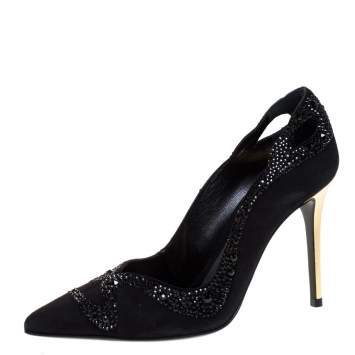 Pre Owned Roberto Cavalli Black Crystal Embellished Suede Pointed Toe Pumps Size 38