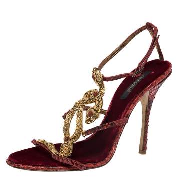 Pre Owned Roberto Cavalli Red Python and Velvet Snake Embellished Ankle Strap Sandals Size 41 