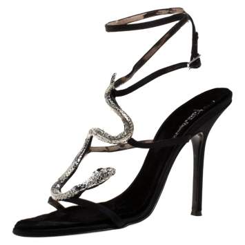 Pre Owned Roberto Cavalli Black Satin Snake Embellished Sandals Size 41