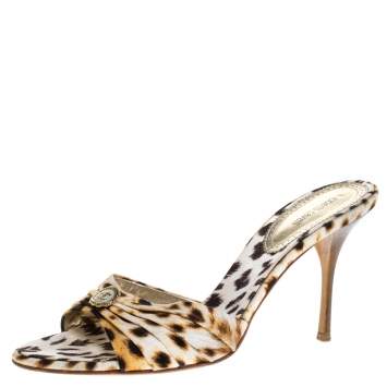 Pre Owned Roberto Cavalli Brown/Beige Leopard Print Canvas Open Toe Sandals Size 40.5