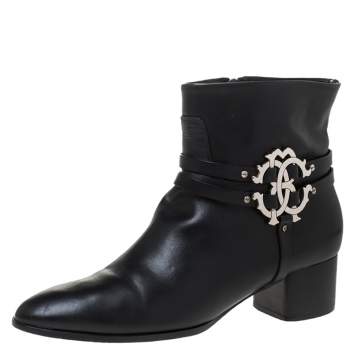 Pre Owned Roberto Cavalli Black Leather Logo Ankle Boots Size 40