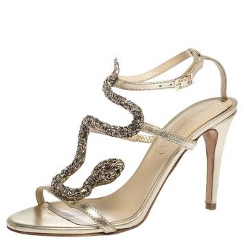 Pre Owned Roberto Cavalli Metallic Leather And Snake Detail Strappy Sandals Size 37.5