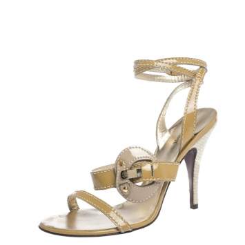 Pre Owned Roberto Cavalli Beige/Offwhite Patent And Raffia Buckle Embellished Ankle Wrap Sandals Size 39