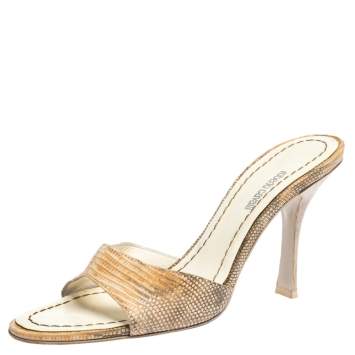Pre Owned Roberto Cavalli Beige Lizard Embossed Leather Open Toe Sandals Size 36.5