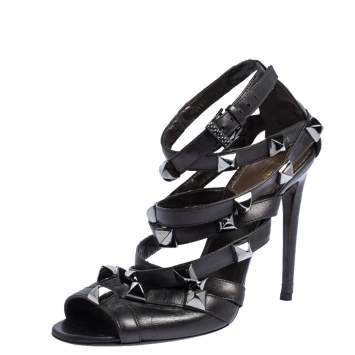 Pre Owned Roberto Cavalli Metallic Bronze Leather Studded Strappy Sandals Size 38