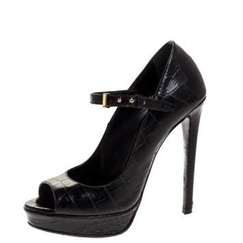 Pre Owned Roberto Cavalli Black Croc Embossed Leather Mary Jane Peep Toe Pumps Size 35.5