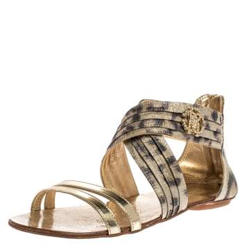 Pre Owned Roberto Cavalli Gold Leopard Print Criss Cross Shimmer Fabric and Leather Crystal Embellished Logo Flat Sandals Size 37
