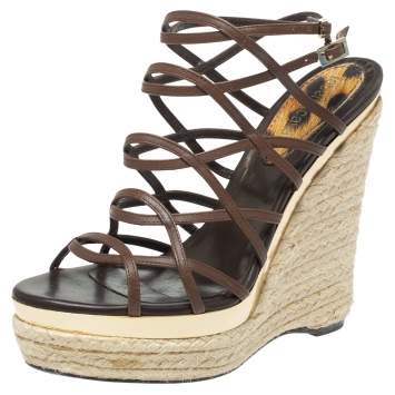 Pre Owned Roberto Cavalli Brown Leather Wedge Platform Espadrille Strappy Sandals Size 35