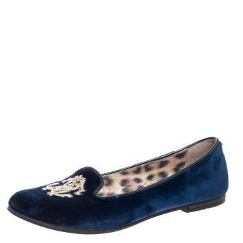 Pre Owned Roberto Cavalli Blue Velvet Ballet Flats Size 37