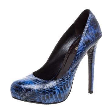 Pre Owned Roberto Cavalli Blue/Black Python Embossed Leather Platform Pumps Size 37