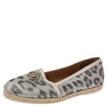 Pre Owned Roberto Cavalli Metallic Beige Animal Print Nylon Espadrilles Size 37