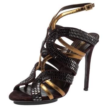 Pre Owned Roberto Cavalli Brown/Gold Leather And Suede Crystal Embellished Ankle Strap Sandals Size 38.5