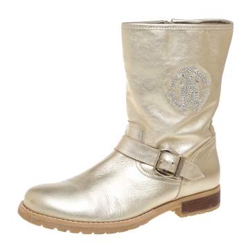 Pre Owned Roberto Cavalli Gold Leather Logo Embellished Buckle Detail Ankle Length Boots Size 38