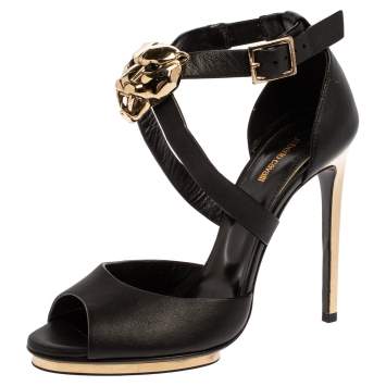 Pre Owned Roberto Cavalli Black Leather Lion Head Embellished Ankle Strap Sandals Size 36.5