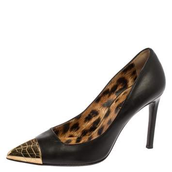 Pre Owned Roberto Cavalli Black Leather Metal Cap Toe Pumps Size 39.5 