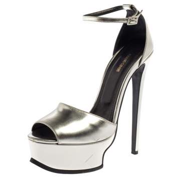 Pre Owned Roberto Cavalli Silver Leather Platform Ankle Strap Sandals Size 38