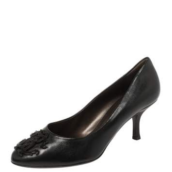Pre Owned Roberto Cavalli Black Leather Logo Round Toe Pumps Size 37.5