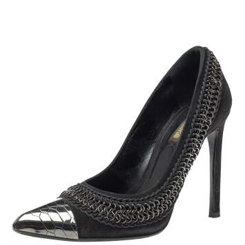Pre Owned Roberto Cavalli  Black Suede Chain Detail Metal Cap Toe Pumps Size 37