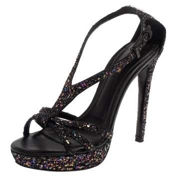 Pre Owned Roberto Cavalli Multicolor Glitter T-Strap Platform Sandals Size 37