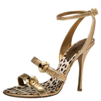Pre Owned Roberto Cavalli Gold Patent Leather Buckle Detail Ankle Wrap Sandals Size 39